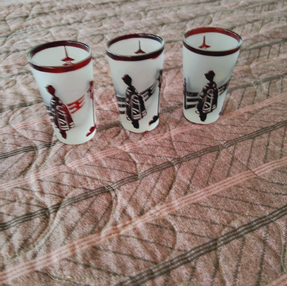 3 Vintage MCM Noritake Frosted Ruby Red Glass Shot Glasses Barware Japan Bar
